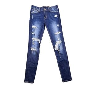 Bridge by Gly Dark Wash Skinny Jeans Distressed Ripped Mid Rise Womens Size 27